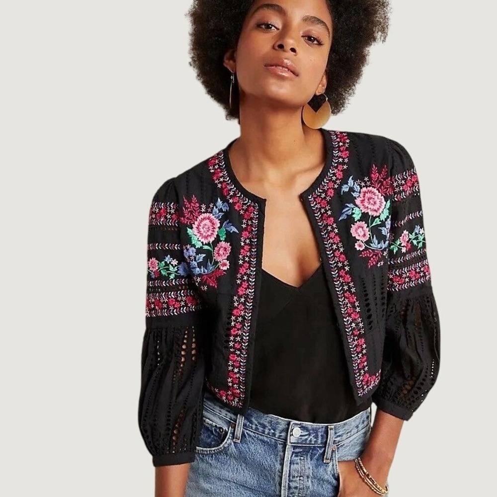 MISA Los Angeles Black Floral Embroidered Eyelet Cropped Jacket Medium Boho